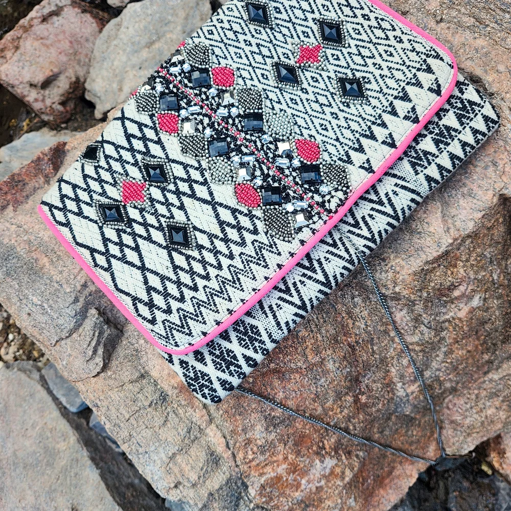 Angie Beaded Clutch Crossbody Tribal Aztec Pattern Pink Trim Chain Strap Boho